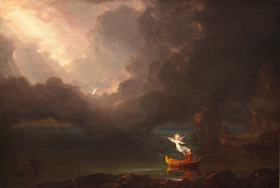 Thomas Cole – The Voyage of Life: Old Age (1842). Ein Mensch auf dem Wasser, gelenkt in Richtung eines goldenen Lichts – Sinnbild für Übergang, Hoffnung und das Leuchten, das bleibt.