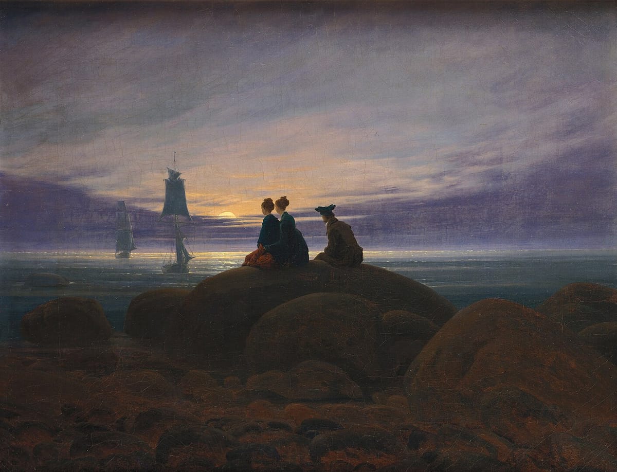 Caspar David Friedrich, Mondaufgang am Meer (1822) – drei Menschen am Ufer unter dem aufgehenden Mond; Symbol für Stille und innere Suche.