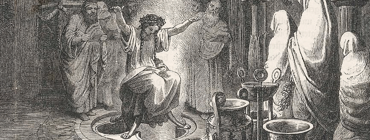Schwarz-Weiße Zeichnung des Orakels von Delphi (Weissagende Priesterin Phythia)