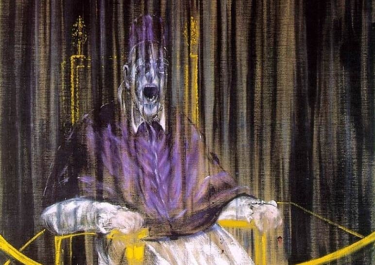 „Francis Bacons deformierter Schrei-Papst im violetten Raum, entstelltes Gesicht im lautlosen Schrei, umgeben von dunklen vertikalen Linien.